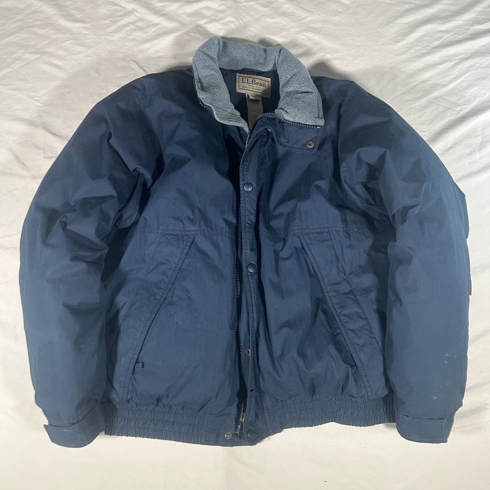 LL Bean Mens Large Navy Blue Goose Down Insulated Warm-Up Jacket Fleece Collar